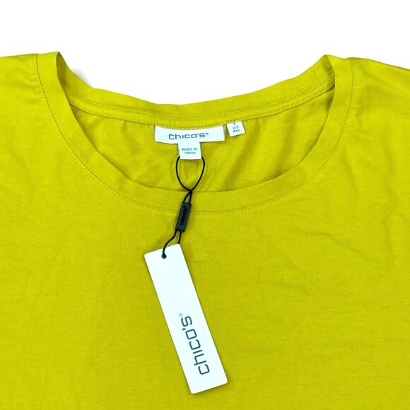 Chicos Size 4 XXL Touch of Cool Pleated Roll Cuff Tee Citron Yellow Pima Cotton - Picture 4 of 6